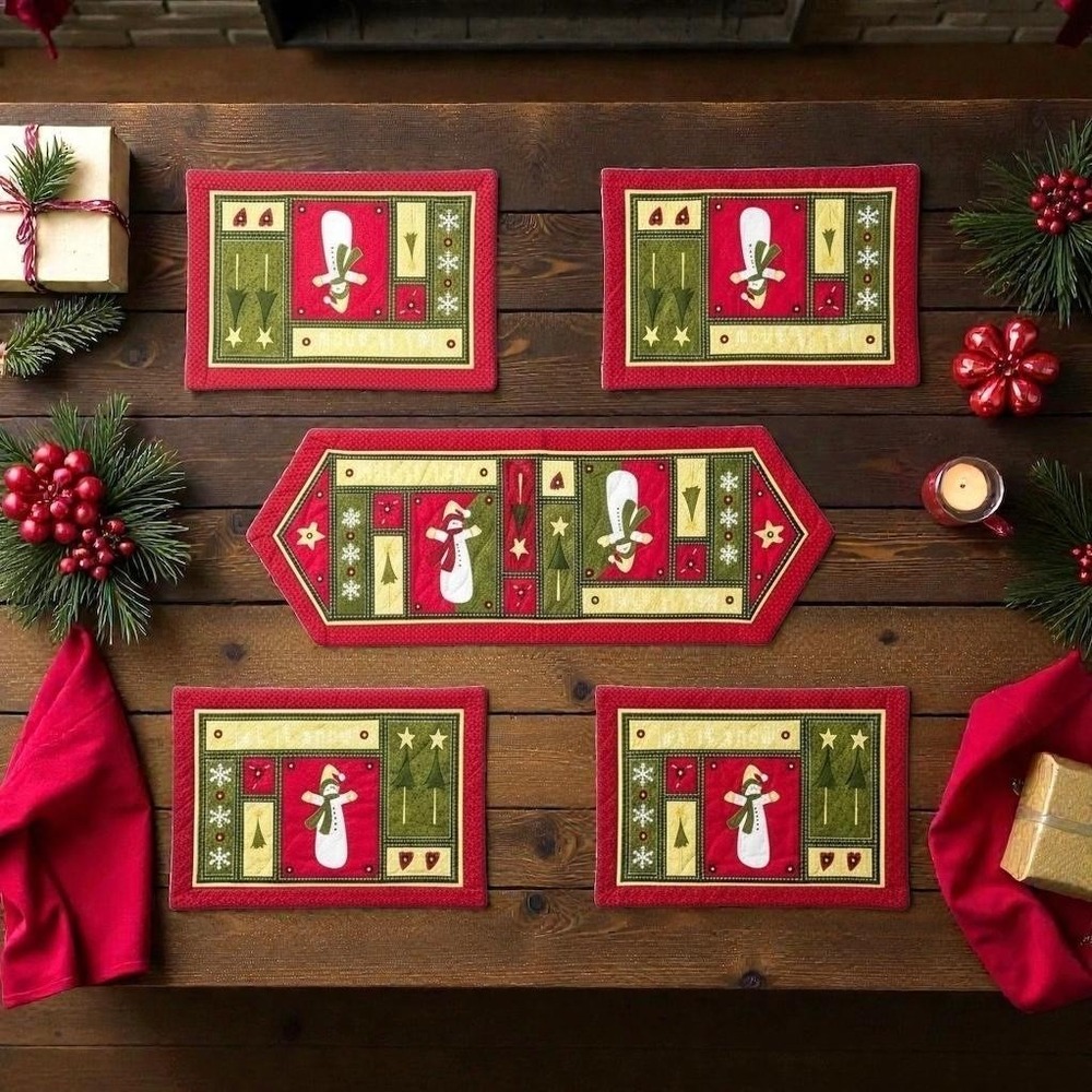 Happy Holidays Christmas Table Runner 4 Placemats Set Let It Snow‎ Snowman
